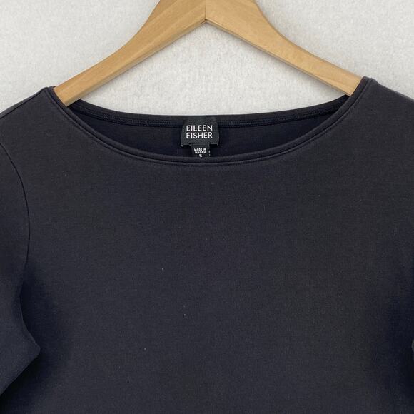 EILEEN FISHER Top S Cotton Interlock Jersey Boat Neck 3/4 Sleeve Black - Picture 4 of 12